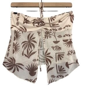 See You Monday Mesh Halter Top Sz L Tropical Y2K Ruched Front Slit Brown Cream